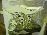Blown Glass: This Incalmo Ruffle Bowl was produced using black, white, and yellow millifiores with a white lip.  It is approximately 20" in diameter.