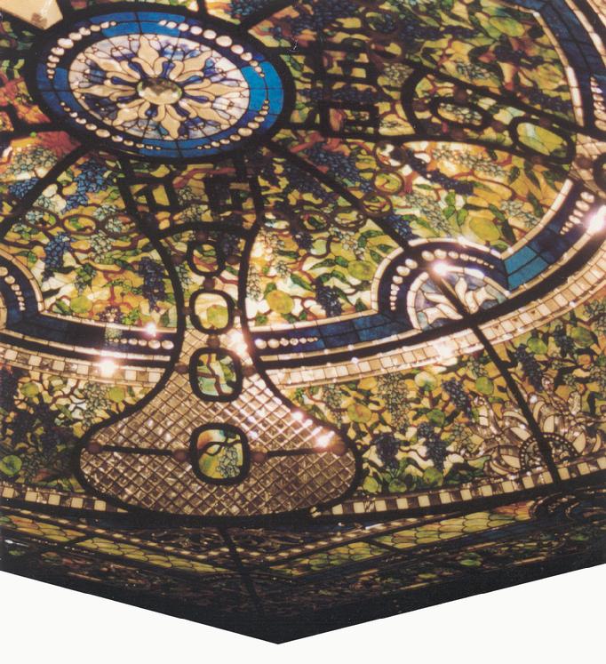 This Ceiling, which was commissioned for a private collector's home in Chicago, IL, contains over 30,000 pieces of glass, is 20 X 20 feet on the perimeter, with a 14 foot diameter dome with a 3 foot high rise at the center.