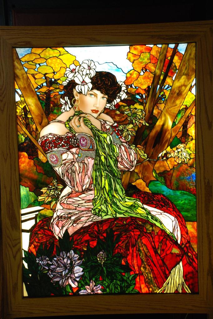This stained glass panel is titled "Sarah" and measures approximately 
