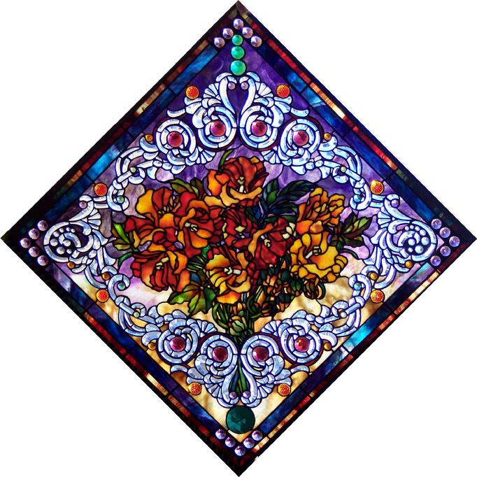 This window incorporates an exquisite beveled border surrounding a colorful peony bouquet. It is called Teddy's Window and measures approximately 30"x30"